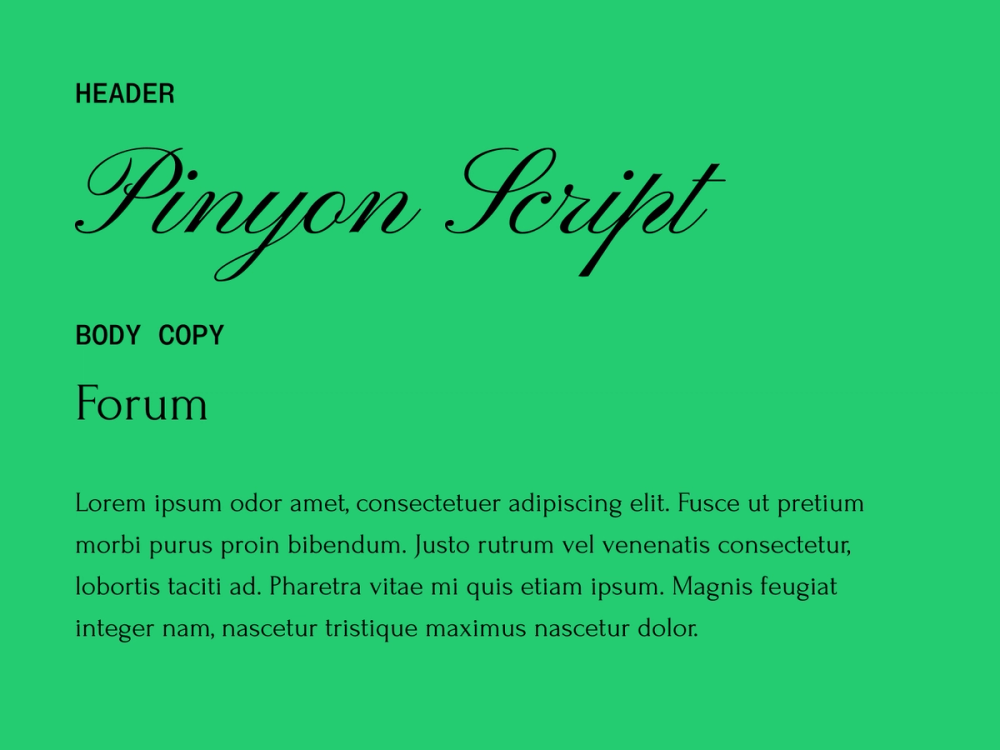 Pinyon Script and Forum wedding font pairing