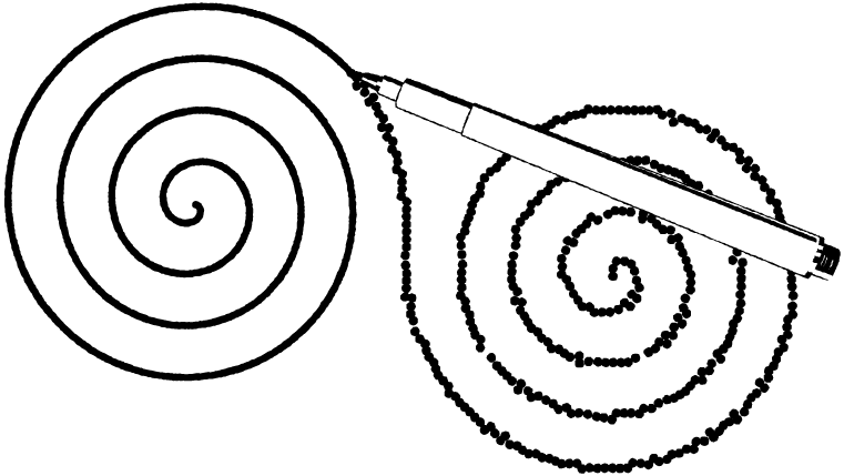 One dotted spiral connects to a smooth, refined spiral. The tip of a pen marks where they connect.