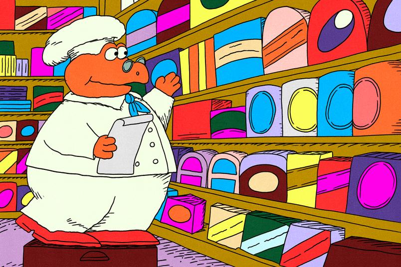 A cartoon chef bear with a clipboard examines brightly colored boxes on store shelves.