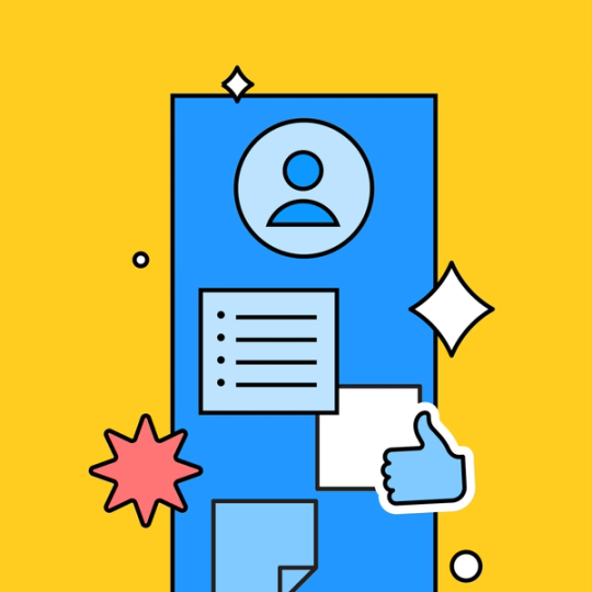 blue document with a user symbol, documents and a thumbs up symbol overlayed on top