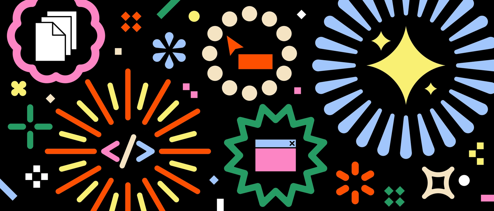 An illustration showing various digital tool icons surrounded by firework-like shapes