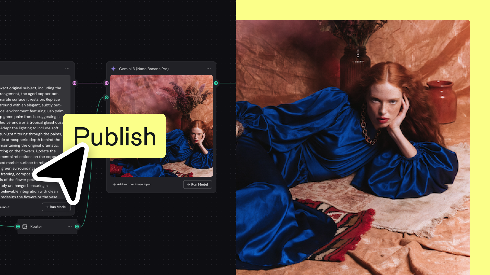 A split-screen product graphic. On the left, a dark visual workflow editor shows connected AI nodes, including a text prompt node feeding into an image generation node labeled “Gemini 3 (Nano Banana Pro).” A large lime-green “Publish” button and cursor overlay the interface. On the right, the generated image fills the screen: a red-haired woman in a flowing cobalt-blue dress reclines on a patterned rug against a warm-toned studio backdrop with decorative vases and dried flowers. The layout illustrates publishing an AI-powered image generation workflow and its resulting output.