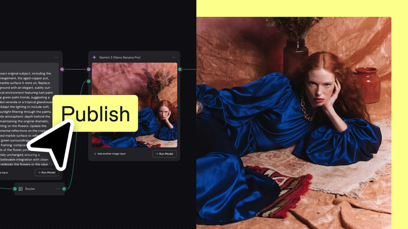A split-screen product graphic. On the left, a dark visual workflow editor shows connected AI nodes, including a text prompt node feeding into an image generation node labeled “Gemini 3 (Nano Banana Pro).” A large lime-green “Publish” button and cursor overlay the interface. On the right, the generated image fills the screen: a red-haired woman in a flowing cobalt-blue dress reclines on a patterned rug against a warm-toned studio backdrop with decorative vases and dried flowers. The layout illustrates publishing an AI-powered image generation workflow and its resulting output.