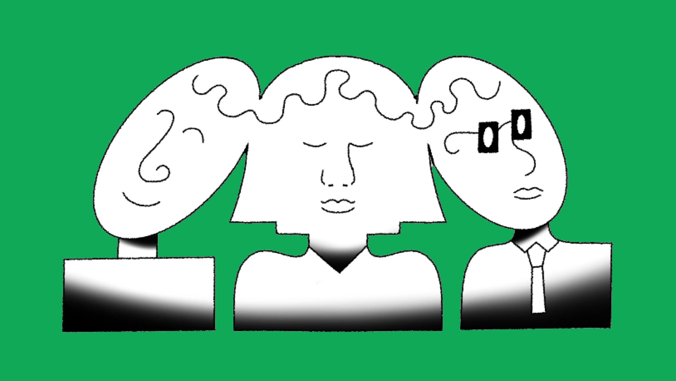 An illustration shows three people with their heads joining at the temples, connected by a wiggly hairline.