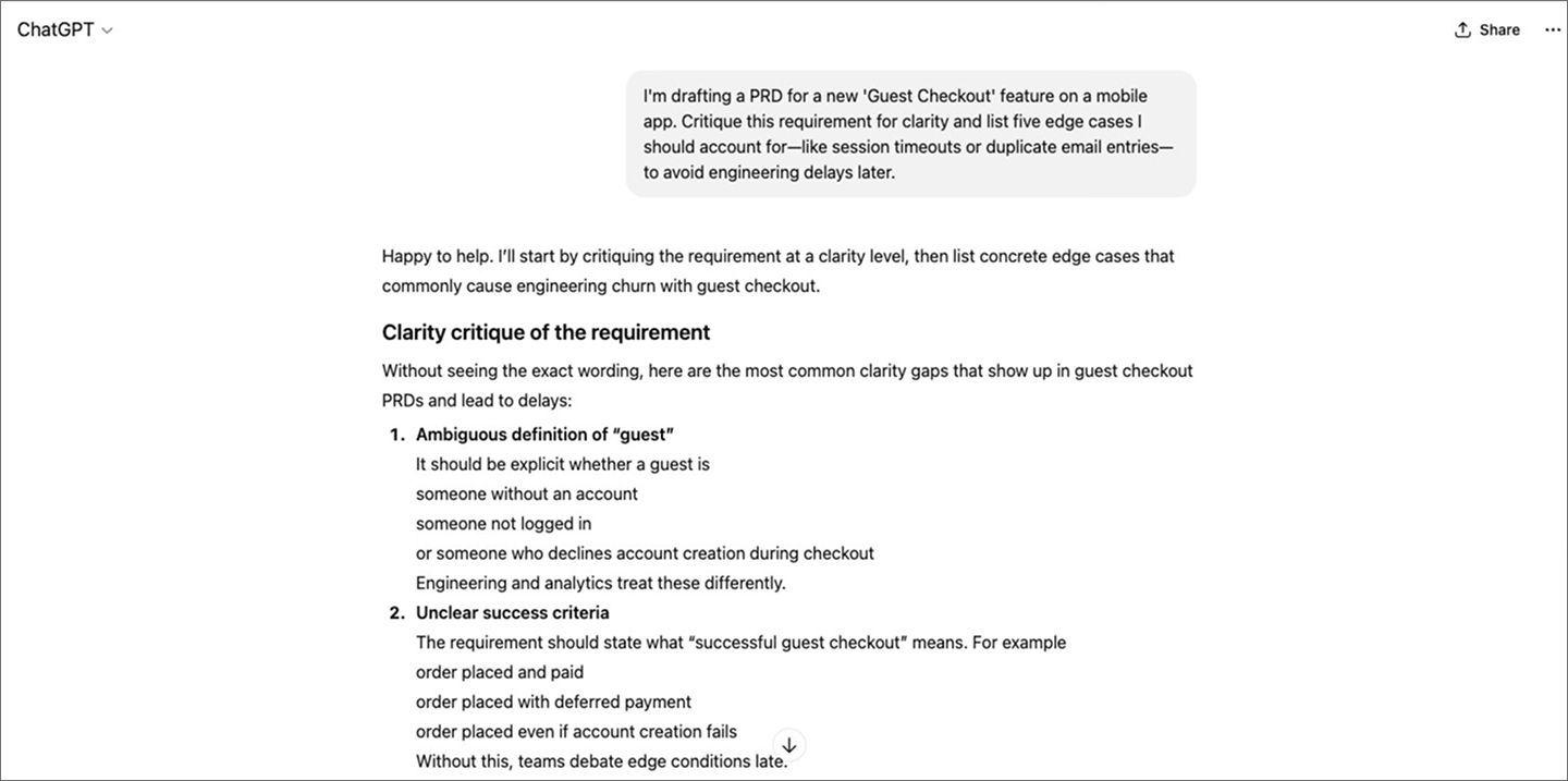 An example of a product manager using ChatGPT for edge case analysis. 