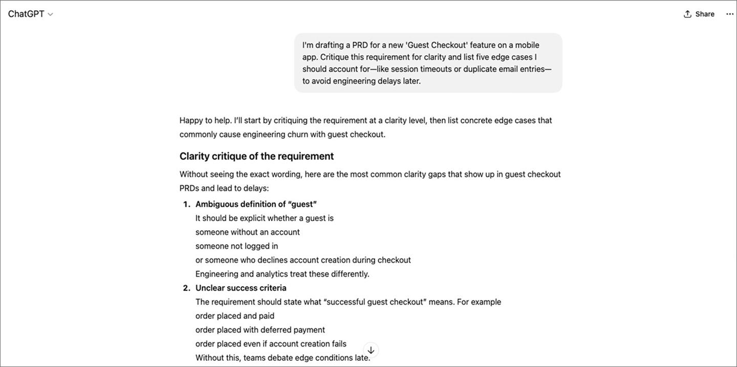 An example of a product manager using ChatGPT for edge case analysis.