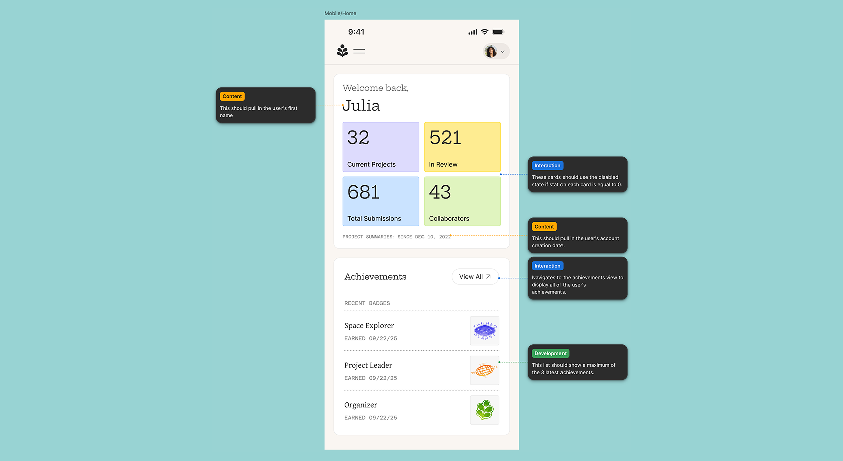 Mobile app dashboard mockup with content, interaction, and development annotations.