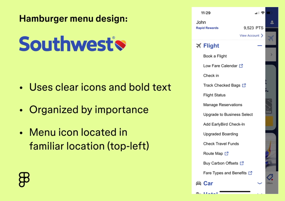a screenshot of the Southwest Airlines app showing its hamburger menu design.