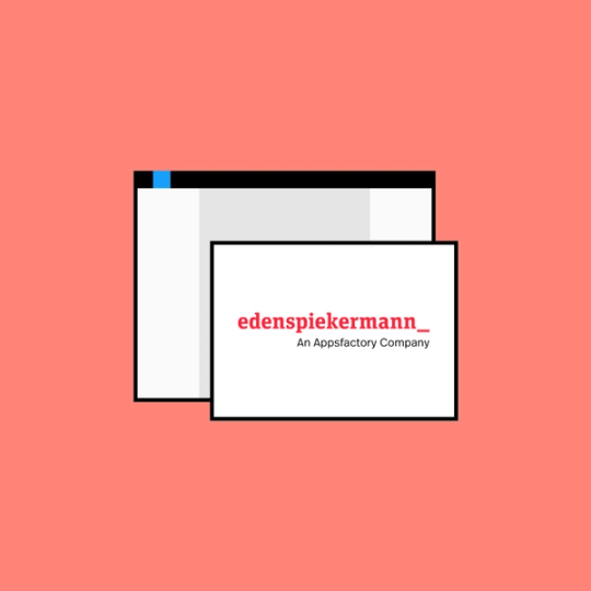 Two screens with Edenspiekermann logo with red background