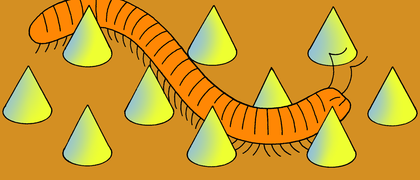A millipede slithers between spikes rising up from the ground.