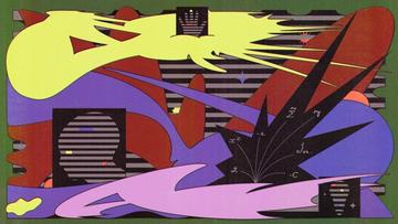 Abstract geometric artwork with neon yellow, red, and purple shapes over striped patterns and math-like markings on black forms.
