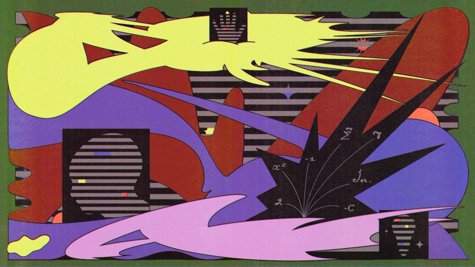 Abstract geometric artwork with neon yellow, red, and purple shapes over striped patterns and math-like markings on black forms.