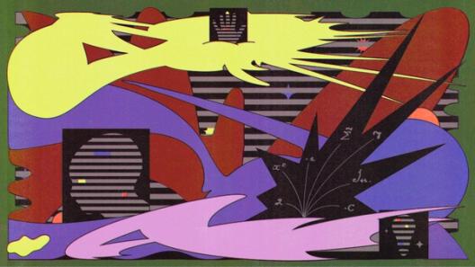 Abstract geometric artwork with neon yellow, red, and purple shapes over striped patterns and math-like markings on black forms.