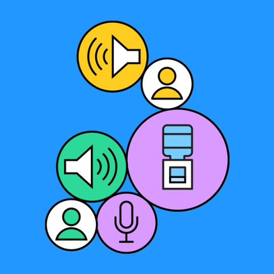 various icons in a bubble grouping such as human icons, speaker, and mic icons