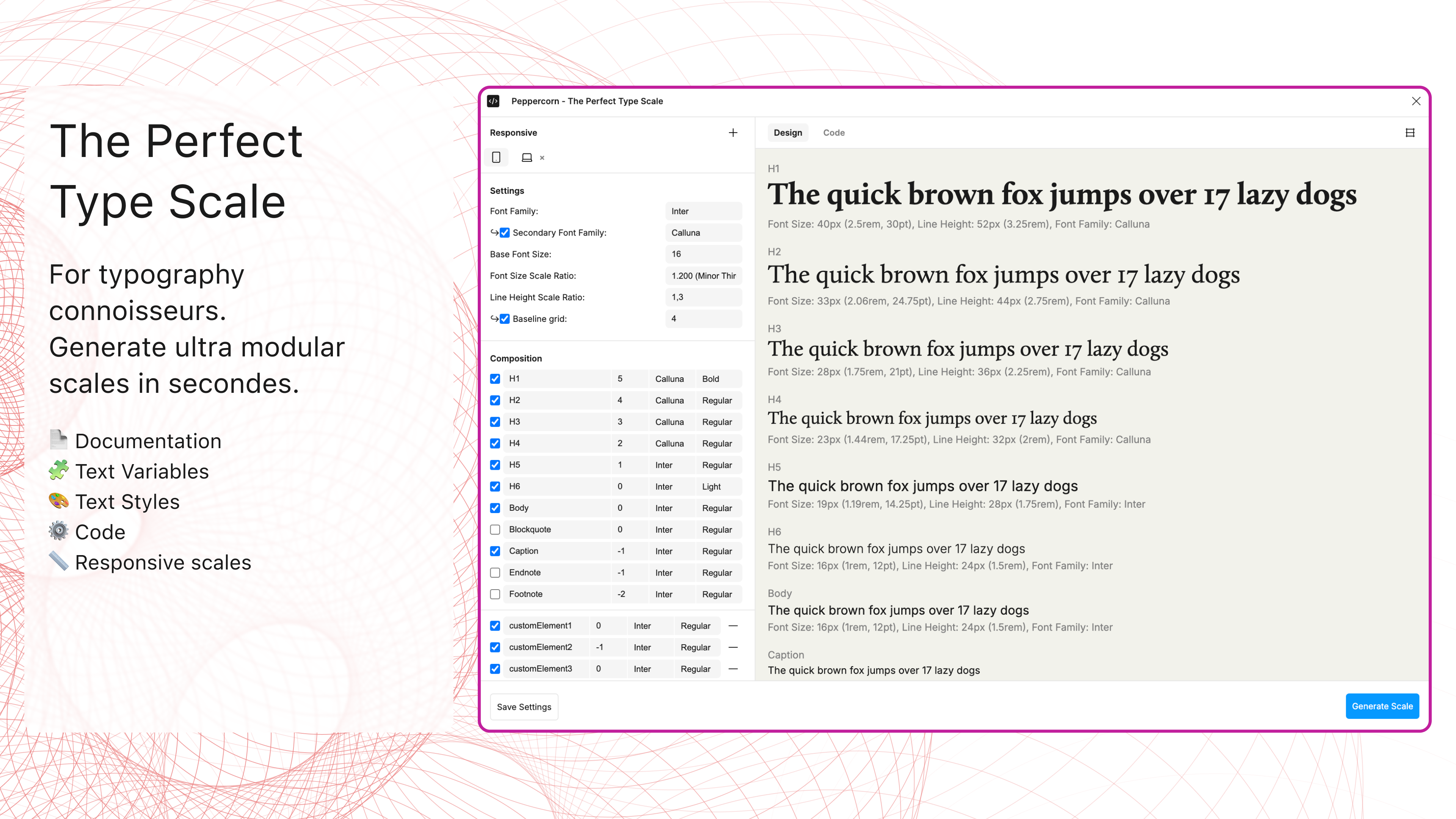 A promotional interface for a typography tool called ‘The Perfect Type Scale.’ On the left, there is a heading that reads ’The Perfect Type Scale,’ followed by a subheading: ’For typography connoisseurs. Generate ultra modular scales in seconds.’ Below the text, there are icons with labels: ‘Documentation,’ ‘Text Variables,’ ‘Text Styles,’ ’Code,’ and ’Responsive scales.’ The right side of the image showcases the tool’s user interface, displaying font settings such as font family, base font size, font size scale ratio, and line height scale ratio. A list of typographic elements (H1-H6, body text, blockquote, caption, etc.) is visible with their respective font properties. A preview panel on the right side shows sample text (’The quick brown fox jumps over 17 lazy dogs’) in different heading and text styles, along with their font sizes and line heights. A ’Generate Scale’ button is at the bottom right.