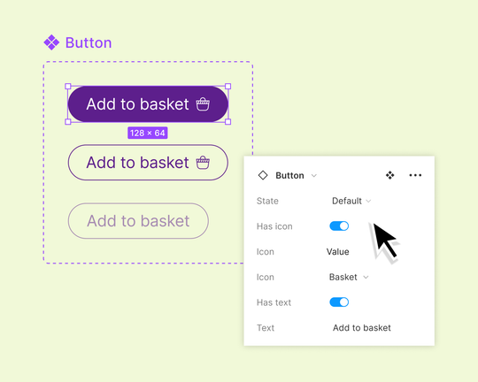 Eine Panel-Ansicht der Entwicklungseigenschaften für eine Schaltflächenkomponente „Add to Basket“ (In den Warenkorb).