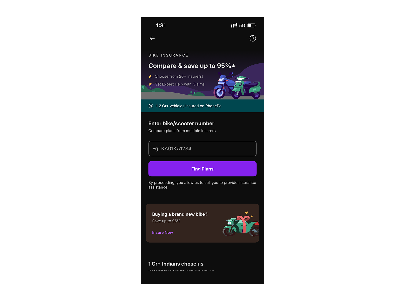 bike insurance screen with options to find plans