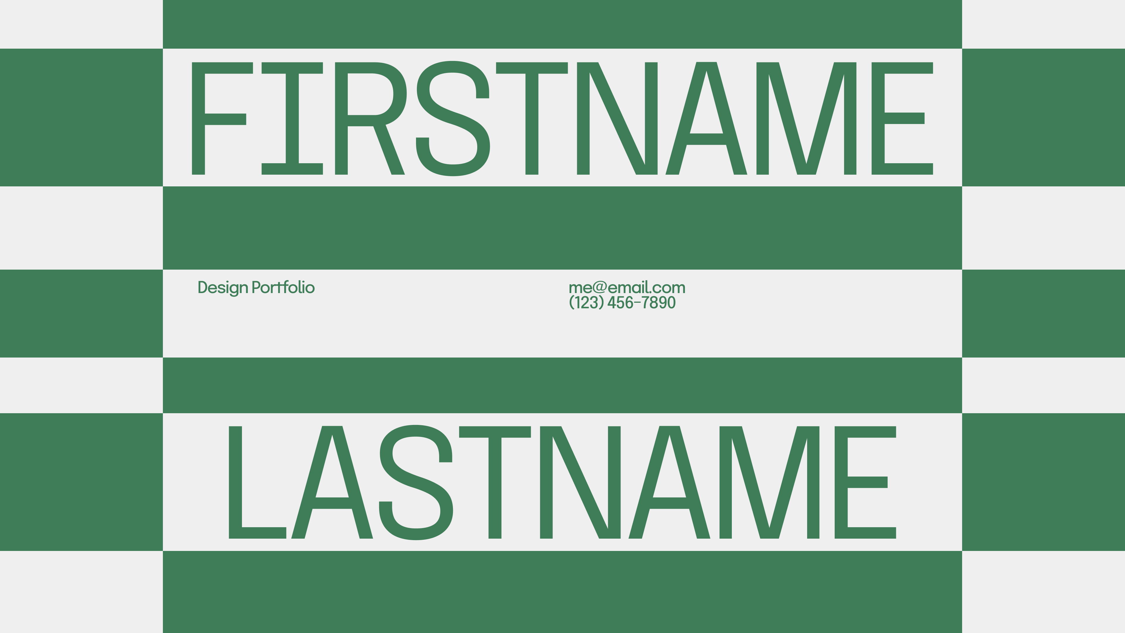 Design portfolio cover: A simple portfolio cover design featuring alternating green and white horizontal stripes. The text "FIRSTNAME LASTNAME" is prominently displayed in green, with contact information and the label "Design Portfolio" in smaller green text in the center.