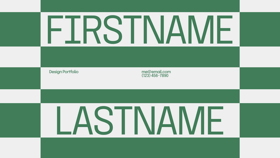 Design portfolio cover: A simple portfolio cover design featuring alternating green and white horizontal stripes. The text "FIRSTNAME LASTNAME" is prominently displayed in green, with contact information and the label "Design Portfolio" in smaller green text in the center.