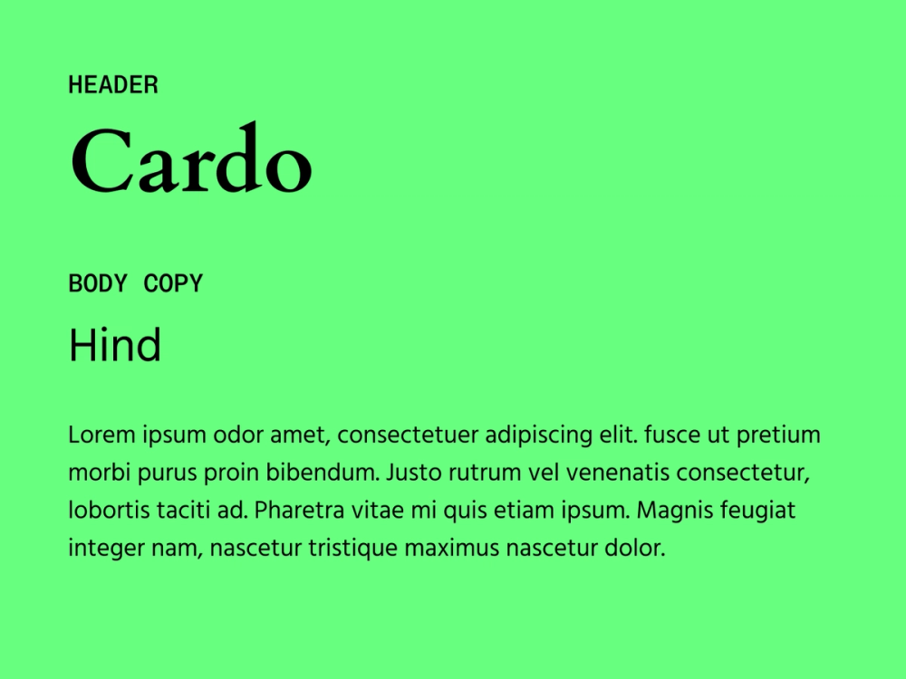 Example text showing Cardo and Hind as a font pairing.