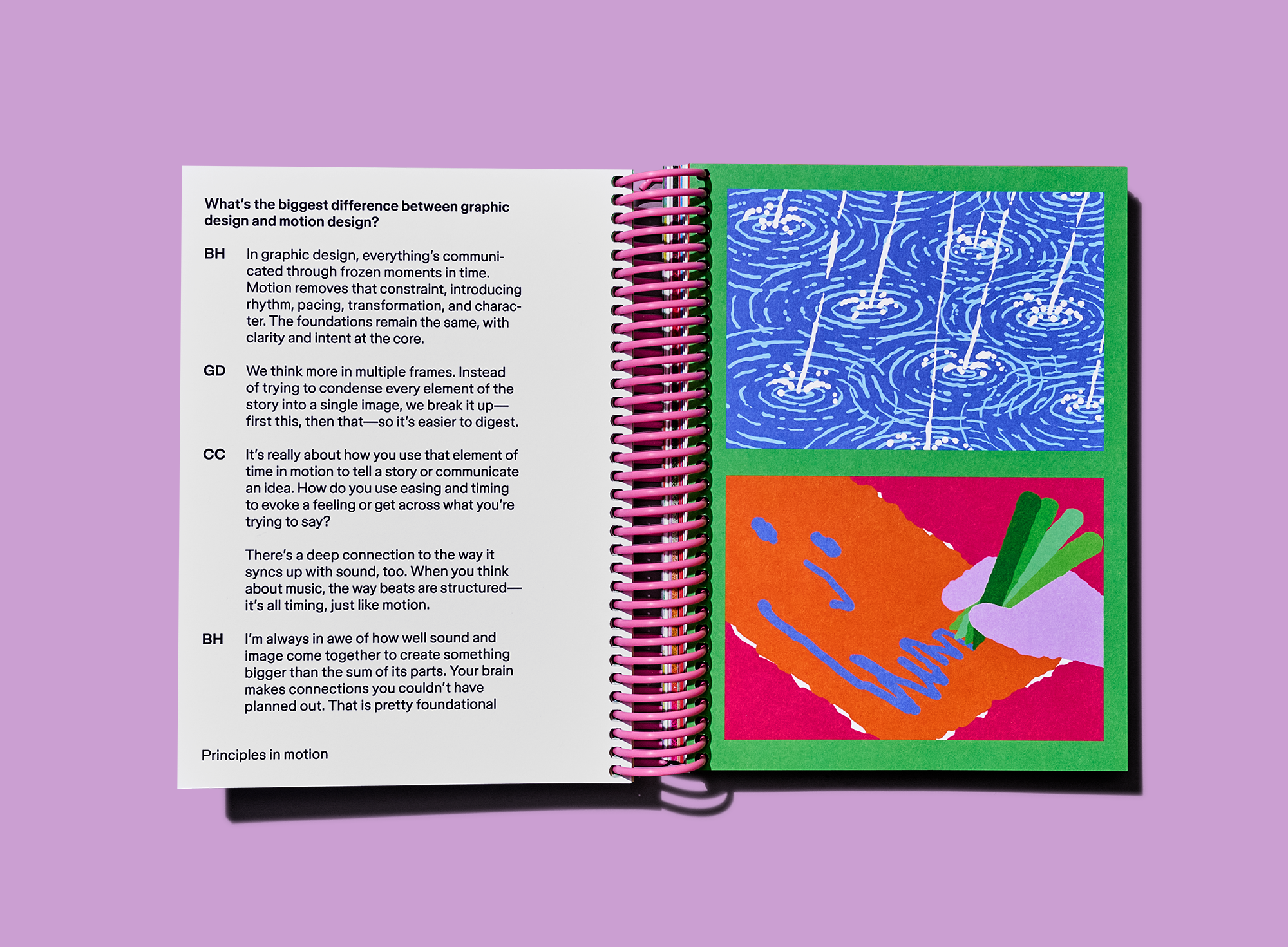 Interview page about motion design sits opposite two colorful illustrations framed on a green page.