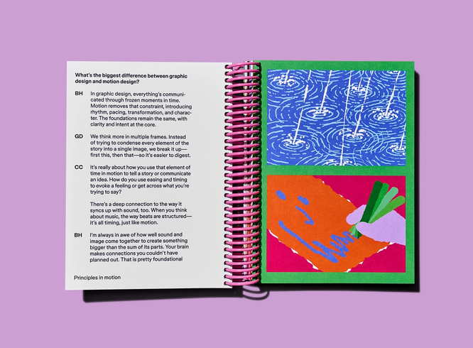 Interview page about motion design sits opposite two colorful illustrations framed on a green page.