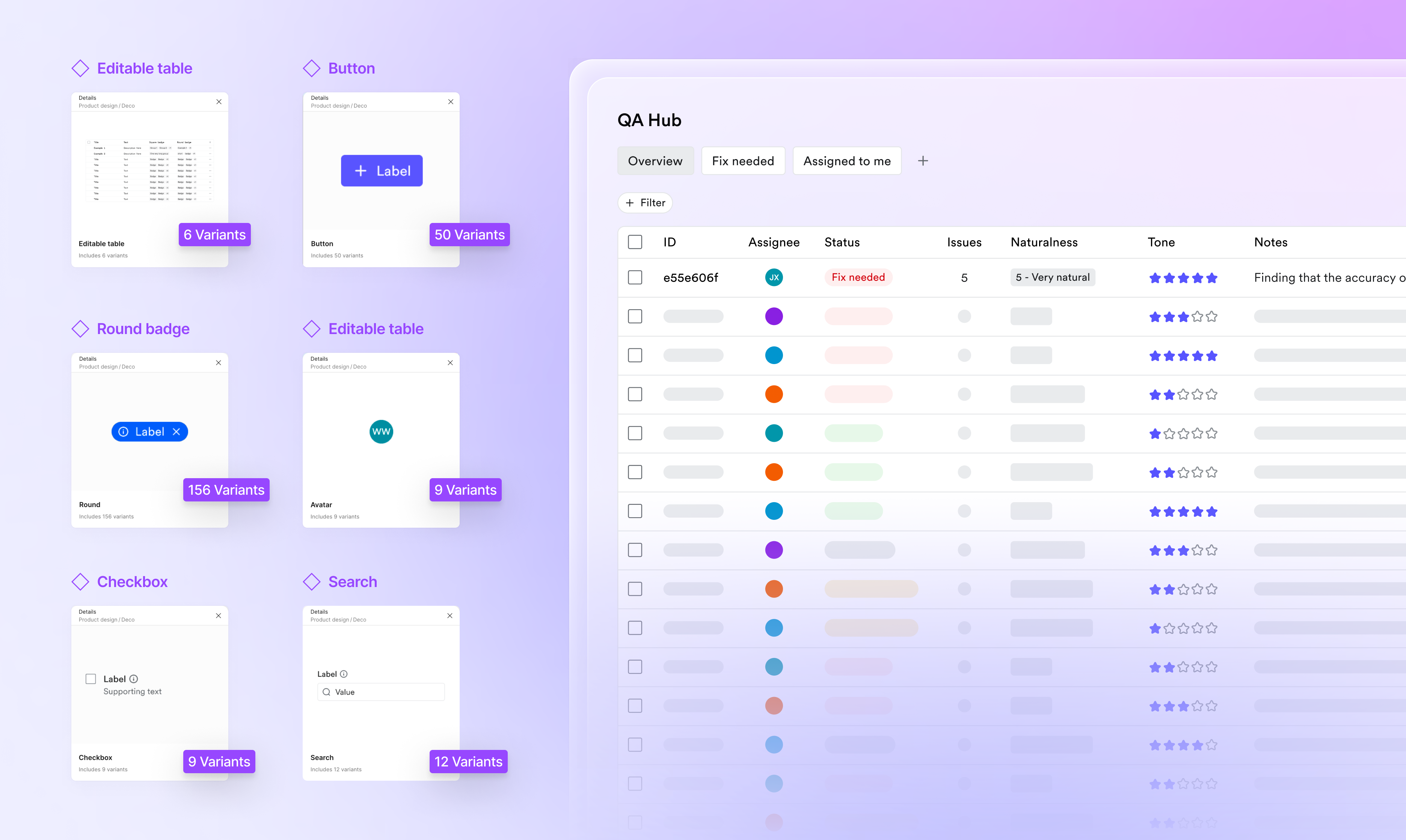 Design system components alongside a QA dashboard with an editable data table interface.