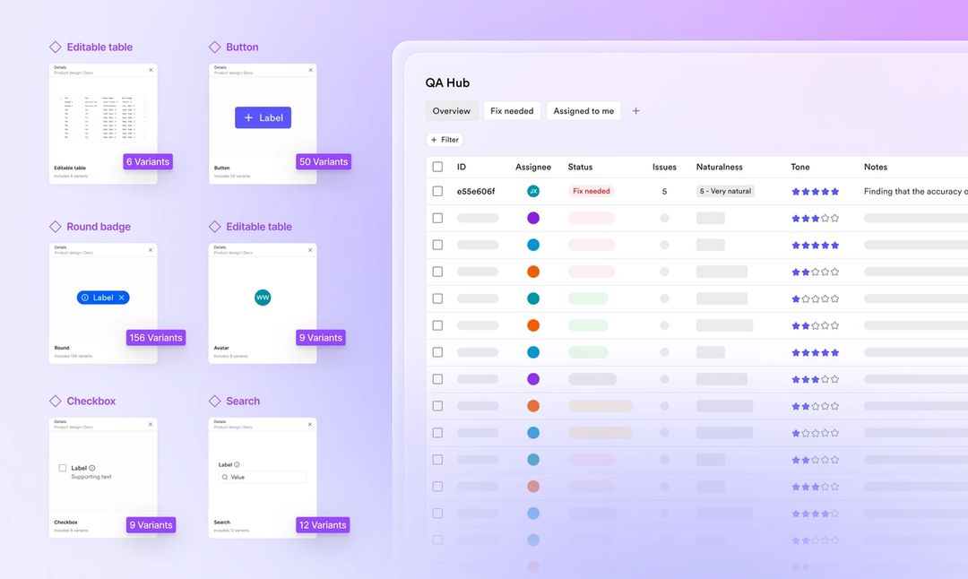 Design system components alongside a QA dashboard with an editable data table interface.