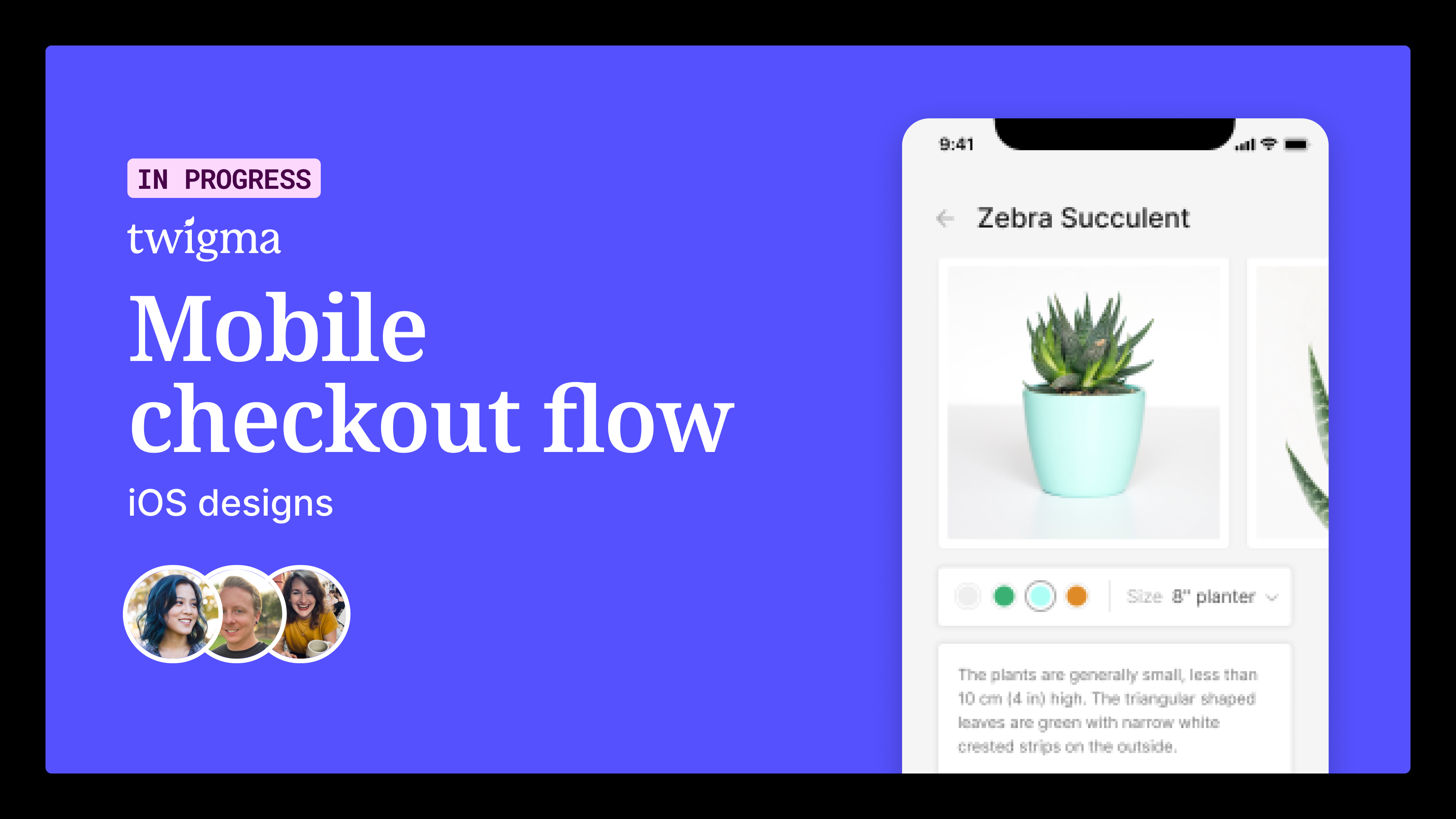 A Figma file cover design, showing a screenshot of a mobile design alongside the title, as well as circular avatars in a facepile arrangement.