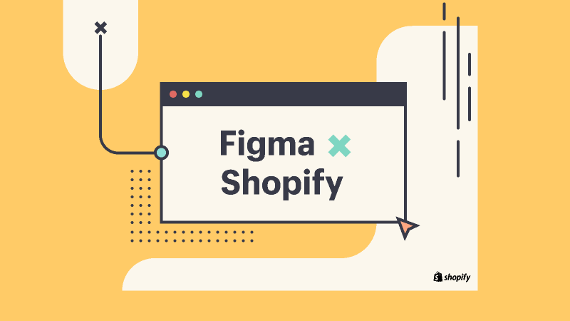 An illustration showing a computer cursor clicking on a window titled "Figma × Shopify", with the Shopify logo, indicating an integration or collaboration between the two platforms.