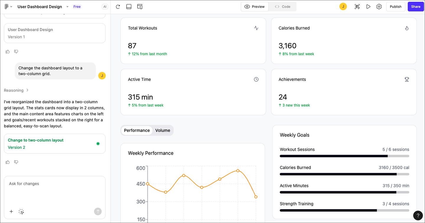 Screenshot of a user prompting Figma Make to edit the layout and colors of the initial design, and a preview of the updated results.]