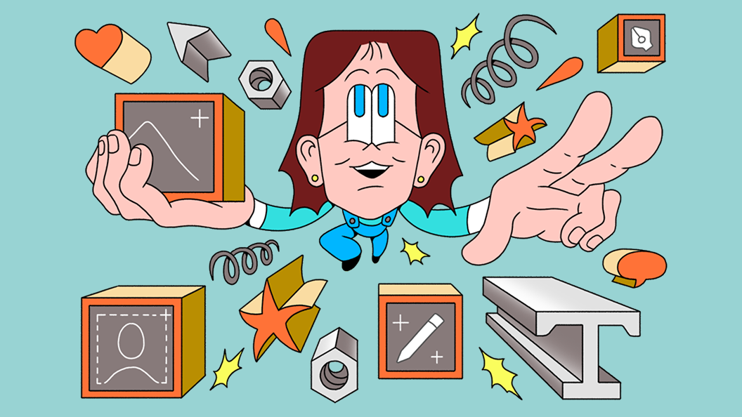 Cartoon designer floating and juggling UI cubes with chart, avatar, and pencil icons, surrounded by springs and shapes.