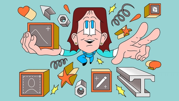 Cartoon designer floating and juggling UI cubes with chart, avatar, and pencil icons, surrounded by springs and shapes.