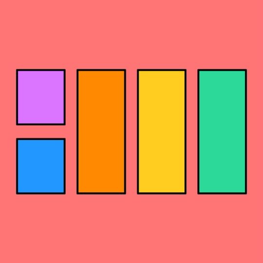 three rectangles and two squares aligned on a red background