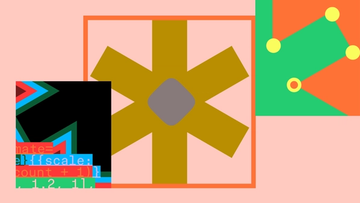 Abstract geometric illustration of a code-like graphic and a canvas graphic overlaying an asterisk shape on a peach background.