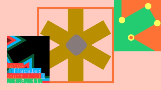 Abstract geometric illustration of a code-like graphic and a canvas graphic overlaying an asterisk shape on a peach background.