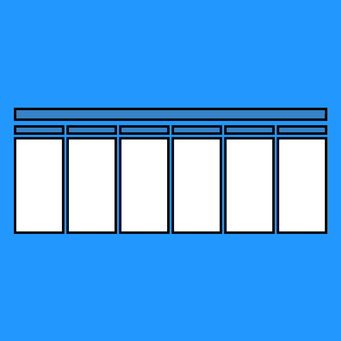 six columns of rectangles with a timeline diagram over the top