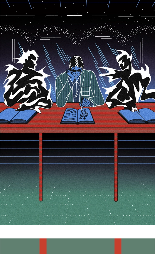 A person sits at a table deep in thought, surrounded by open books and two shadowy, abstract figures on either side. The scene has a futuristic, surreal aesthetic with a dark, starry background and geometric patterns on the floor, creating a sense of contemplation and otherworldly influence.