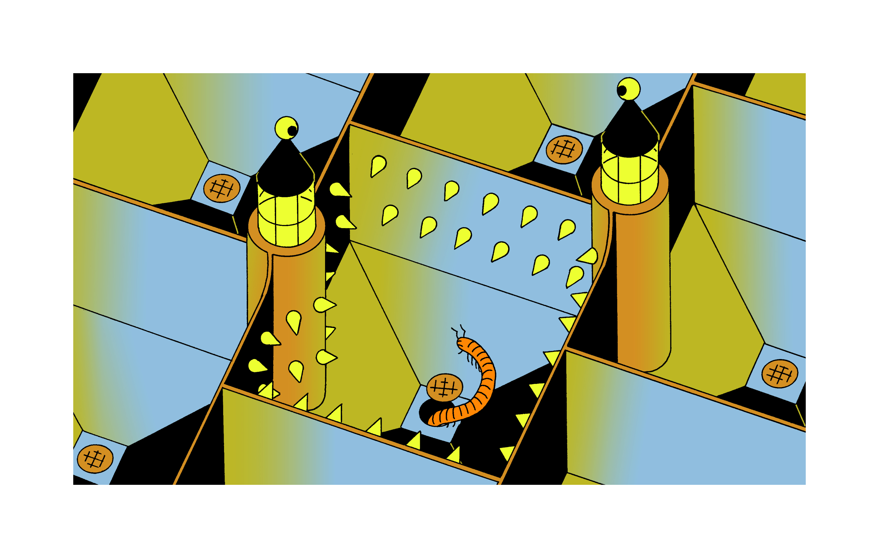 An orange worm trying to escape from a castle wall laden with spikes.