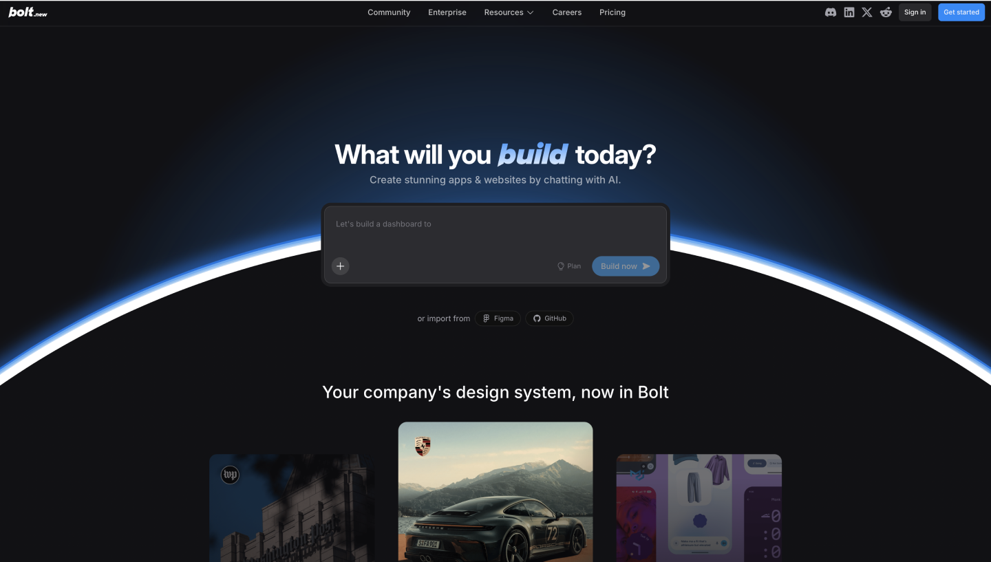 Bolt homepage, showing the AI prompt box.