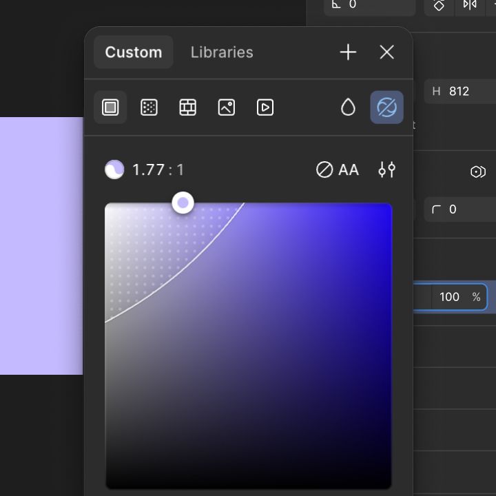 Figma color picker displaying contrast ratio 3.36:1 with WCAG AA indicator and a purple gradient selection.