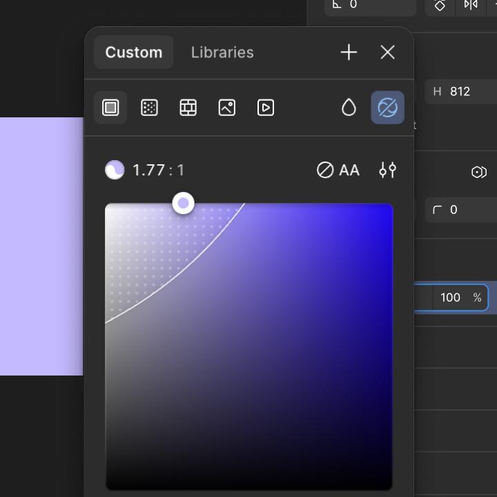 Figma color picker displaying contrast ratio 3.36:1 with WCAG AA indicator and a purple gradient selection.