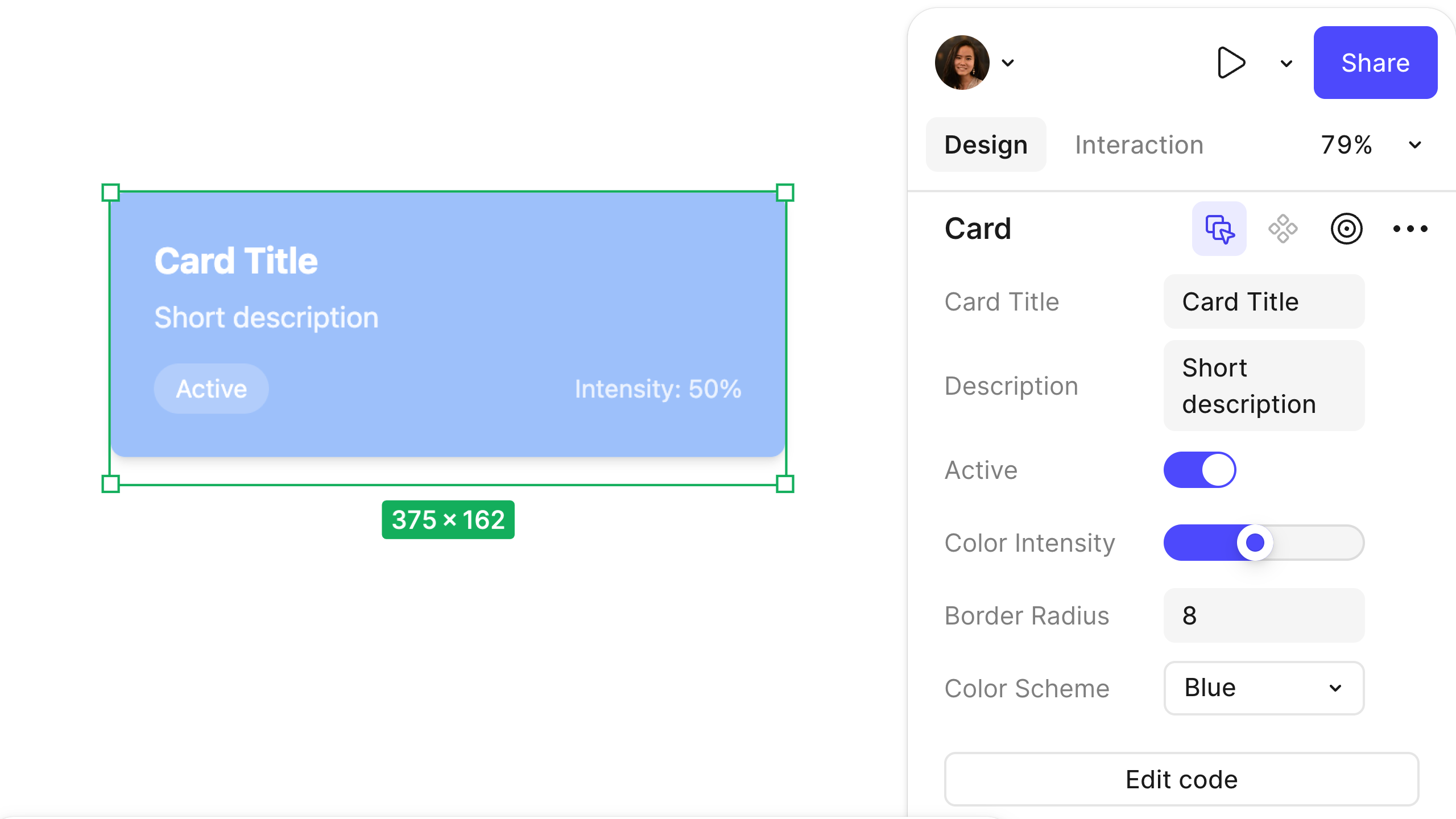 A Figma design panel displays a card component with editable properties such as title, description, active toggle, color intensity slider, border radius, and color scheme, alongside a preview of the styled card.