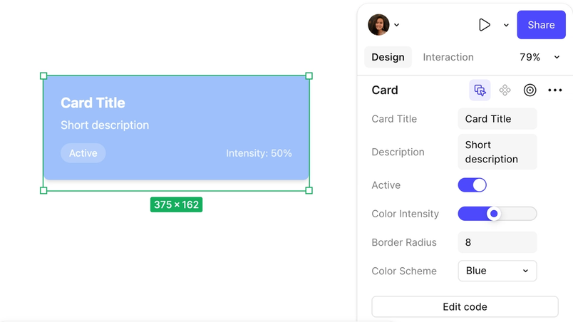 A Figma design panel displays a card component with editable properties such as title, description, active toggle, color intensity slider, border radius, and color scheme, alongside a preview of the styled card.