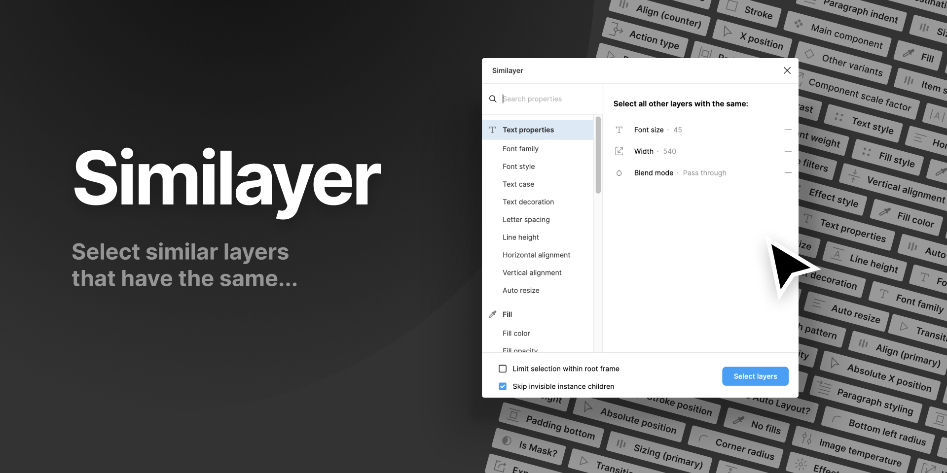 A promotional card for Similayer shows the name on a black background, overlaid with a UI example of the layer search function.