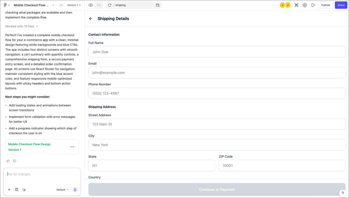 Figma Make prototype showing the shipping details screen after a user clicks Continue to Payment in a mobile checkout flow.