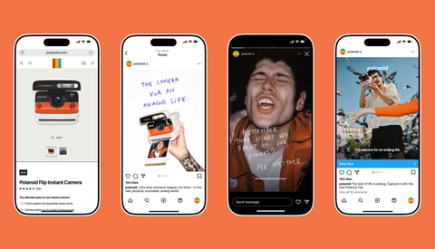 Screens showing Polaroid Flip Instant Camera branded social assets with handwritten font and photos