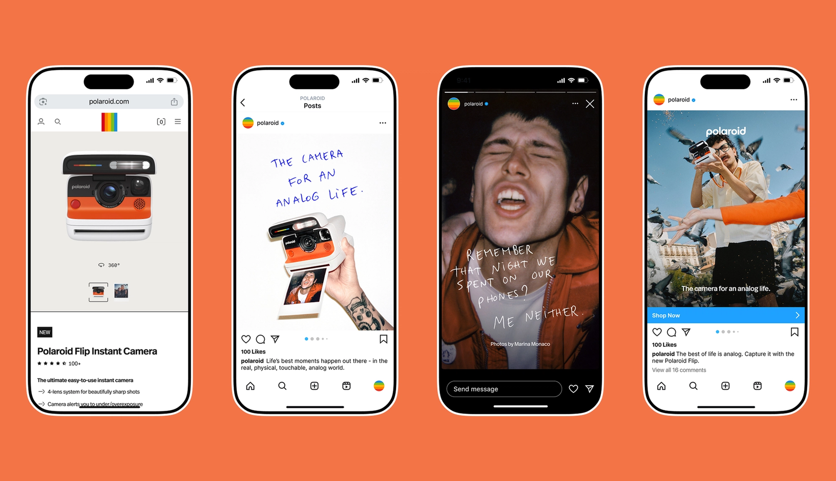 Screens showing Polaroid Flip Instant Camera branded social assets with handwritten font and photos