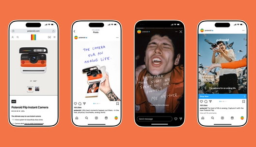 Screens showing Polaroid Flip Instant Camera branded social assets with handwritten font and photos