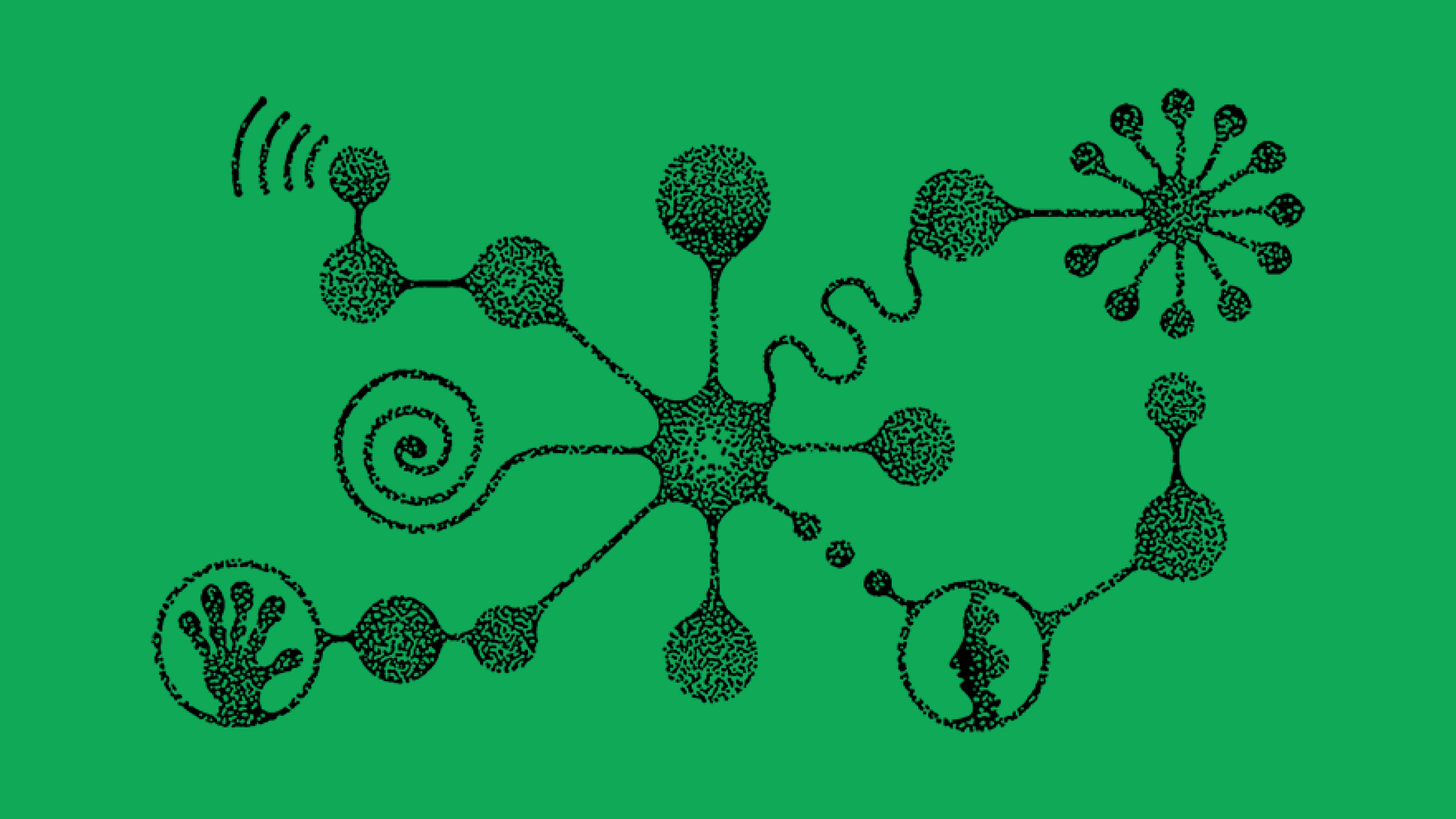 Abstract network with branching nodes interconnected organically, two of them framing a handprint and a person’s side profile.